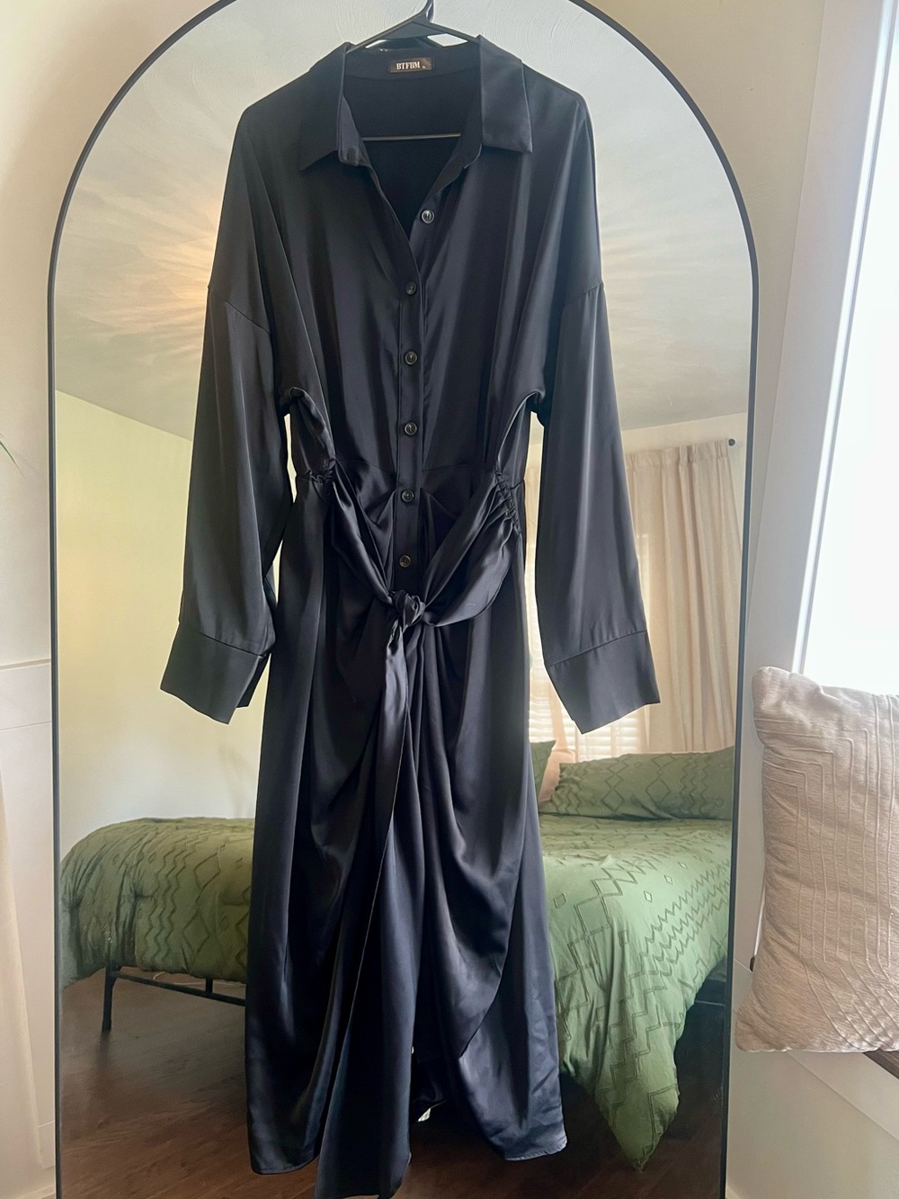 BTFBM Button Down Ruched Lapel V Neck Silk Satin Tie Waist Fall Dress